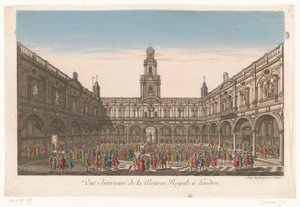 Widok wnętrza Royal Exchange w Londynie Vuë Interieure de la Bourse Royale à Londres (tytuł na obiekcie) autorstwa Jean François Daumont