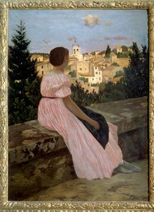 Różowa sukienka lub Widok Castelnau le Lez (lub Castelnau-le-Lez, Herault). Portret siostrzenicy artysty, Therese des Hours. Obraz Jeana Frederica Bazille