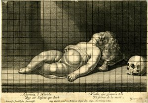 Jean Ganière - Dziecko śpiące z głową opartą na poduszce; czaszka po prawej stronie. 1640 autorstwa Jean Ganière