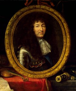 Portret króla Francji Ludwika XIV (1638-1715), protektora sztuki i nauki Portret króla otaczają instrumenty muzyczne (viola de gamba, gitara skrzypcowa) oraz instrumenty naukowe (kwadrat, glob niebieski, kompas). Szczegół. Malowanie przez autorstwa Jean Garnier