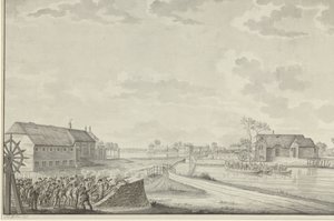 Atak Prusów pod dowództwem pułkownika Van Brusha na moście Duivendrecht, 1 października 1787 autorstwa Jean George Teissier (signed by artist)