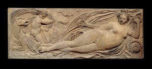 Nimfa i mały dżin jeżdżą na koniu morskim; Nimfa i Triton otoczeni przez dwa małe dżiny. Płaskorzeźba. Kamienna rzeźba Jean Goujon (1510-1567)