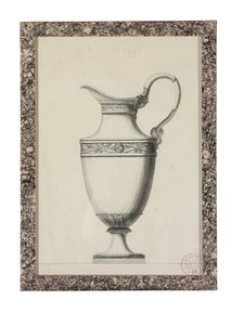 Projekt dzbanka z uchwytem maski greckiej (czarny ołów, długopis i czarny tusz, szaro-czarny wash on paper)