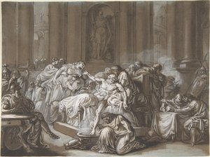 Śmierć Seneki (pióro i czarny tusz, pędzel i brązowe plamy, podkreślone białym gwaszem na niebieskim papierze)