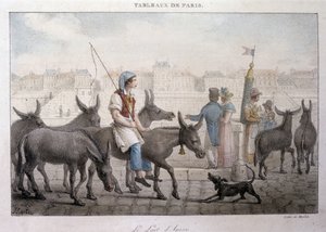 Dawny handel uliczny w Paryżu: kupiec oślego mleka (Ane dans Paris) - rycina Jean Henry Marlet (1771-1847) w „”Les Tableaux de Paris””, seria 72 rycin, koniec XIX wieku