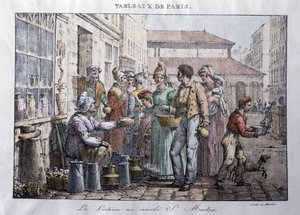 Stary handel na ulicach Paryża: Dojarka z targu św. Marcina (Saint-Martin) - rycina Jean Henry Marlet (1771-1847) w „”Les Tableaux de Paris””, seria 72 rycin, koniec XIX stulecie