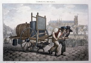 Dawny metier uliczny w Paryżu: kąpiel w domu (dwóch mężczyzn ciągnie wózek z beczką wypełnioną wodą). Grawer Jean Henry Marlet (1771-1847) w „”Les Tableaux de Paris””, seria 72 rycin, koniec XIX wieku.