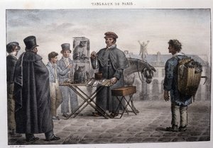 Dawny metier uliczny w Paryżu: handlarz śmiercią szczurów (camelot). Grawer Jean Henry Marlet (1771-1847) w „Les Tableaux de Paris”, seria 72 rycin, koniec XIX wieku.