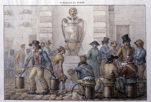 Dawny metier uliczny w Paryżu: nosiciel wody przed fontanną. Grawer Jean Henry Marlet (1771-1847) w „Les Tableaux de Paris”, seria 72 rycin, koniec XIX wieku. autorstwa Jean Henri Marlet