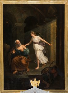 Kościół parafialny (Nederbrakel, Kościół parafialny Sint-Pieter-in-de-Banden). Wnętrze. obraz. „Święty Piotr wydany przez anioła i Tomasza”. Jean-Henri DeCoene. Około 1835 roku. autorstwa Jean Henri de Coene