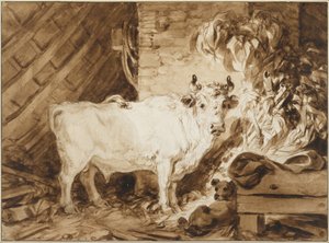 Biały byk i pies w stajni autorstwa Jean Honore Fragonard