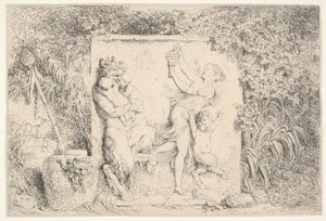Płaskorzeźba przedstawiająca satyra z lewej strony trzymającego dwoje niemowląt, innego satyra dziecięcego z prawej..., 1763. autorstwa Jean Honore Fragonard