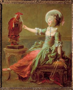 Młoda dziewczyna bawi się chińskim posągiem ciągnącym jej włosy. Obraz Jeana Honore Fragonarda (1732-1806) XVIII wiek Kolekcja prywatna