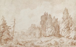 Pejzaż z mostem, ok. 1760 (czerwona kreda na papierze w kolorze złamanej bieli) autorstwa Jean Honore Fragonard