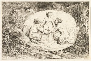 Nimfa siedząca na rękach dwóch satyrów z Bachanaliów, czyli zabaw satyrów autorstwa Jean Honore Fragonard