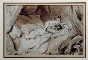 Szczęśliwy moment Para głaszcząc się w łóżku. Rysunek w Bistre Wash autorstwa Jean Honore Fragonard (1732-1806) Prywatna kolekcja z XVIII wieku autorstwa Jean Honore Fragonard