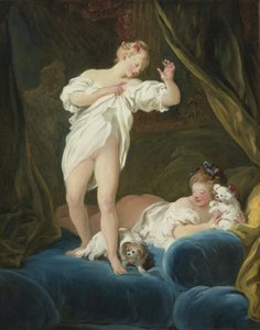 Dwie dziewczyny na łóżku bawiące się ze swoimi psami autorstwa Jean Honore Fragonard