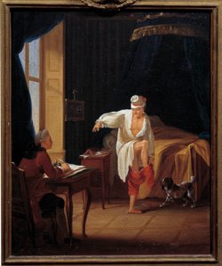 Pisarz i filozof Voltaire (1694-1778) dyktuje swojemu sekretarzowi Collini a Ferney Obraz Jeana Hubera (1721-1786) XVIII-wieczne Słońce. 0,37 x 0,31 m Muzeum Carnavalet w Paryżu