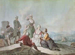 Voltaire rozmawia z chłopami w Ferney autorstwa Jean Huber