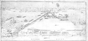 Widok bitwy w pobliżu plantacji Chalmettes, 8 stycznia 1815 r. autorstwa Jean Hyacinthe Laclotte