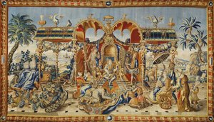 Audiencja cesarza chińskiego. Gobelin Jana II Barrabanda (czynny w XVIII w.), jedwabna wełna i złota i srebrna nić, ok. 1715 r. Sztuka francuska autorstwa Jean II Barraband