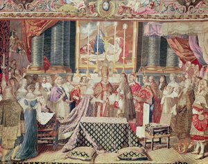 Wesele króla (Ludwik XIV), z „Historii króla” z kreskówki Lebruna, gobelin gobelin, tkany na krośnie o wysokiej osnowie (wełna, jedwab i złoto) autorstwa Jean II Jans
