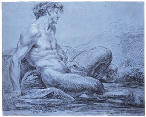 Siedzący faun, ok. 1755-57 (czarno-biała kreda na niebieskim papierze wykładanym) autorstwa Jean II Restout