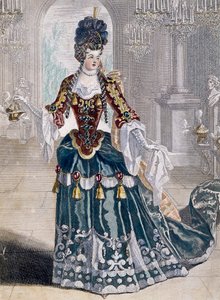 Portret Mademoiselle Desmatins (1682-1708), muzyk w Operze, rycina Jean Berain