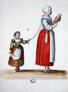 Dwie Młode Dziewczyny, kostiumy teatralne na uroczystości i przyjęcia Ludwika XIV (akwarela na papierze)