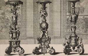 Duże świeczniki z brązu, grawer Jean Berain (1640-1711) z L