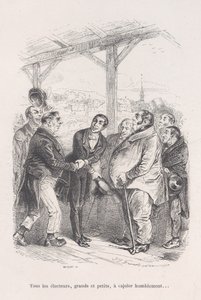 Wszyscy wyborcy, duzi i mali, zbierają się, aby pokornie namawiać się nawzajem... z Małej Miseries z..., 1843. autorstwa Jean Ignace Isidore Gérard