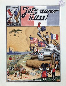 Wielki francusko-amerykański zamiatacz Anglo Jeden z magazynu „Jetz awer nuss” przedstawiający czołg szturmowy aliantów ścigający Niemców z Alzacji pod koniec drugiej wojny