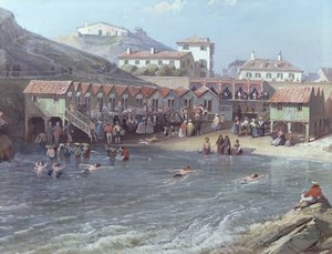 Początek pływania morskiego w starym porcie Biarritz, 1858 olej na płótnie, fragment z 175215 autorstwa Jean Jacques Alban de Lesgallery