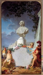 Naukowa Europa Alegoryczne przedstawienie chwały Francji, popiersie Ludwika XVI (1754-1793) dominuje na mapie francuskich posiadłości, koguta, aniołków i symboli sztuki i nauki. Obraz Jeana Jacquesa Bacheliera (1724-1806) 1762 Wersal