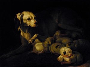 The Bitch Hound Nursing her Puppies, fragment według oryginału Jean-Baptiste Oudry, 1755
