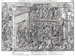 Masakra ludności protestanckiej przez wojska księcia de Guise w Wassy-sur-Blaise, 1 marca 1562 r., ryty Jacques Tortorel (1568-92) autorstwa Jean Jacques Perrissin