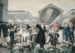 Stoisko z zupą na targu Les Halles rano, ilustracja z Le Petit Journal, 2 marca 1897, grawerowana przez Fortune-Louis Meaulle (1844-1901) autorstwa Jean Jacques after Rousseau