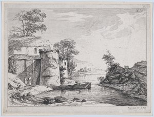 Stare wieże na brzegu rzeki, 1763. autorstwa Jean Jacques de Boissieu