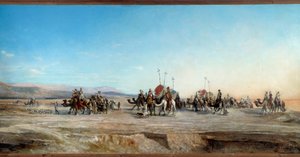 Szukasz kempingu karawan nomadów i wielbłądów na pustyni. Obraz Jeana Josepha Bellela (1816-1898) XIX-wieczny Montpellier, Musee Fabre - Szukam obozu. Koczownicze karawany i wielbłądy na pustyni. Obraz Jeana Josepha Bellela (1816-1898) autorstwa Jean Joseph Bellel