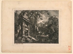 Fantazja architektoniczna z grobowcem i ruinami, płyta z "Giovan Inventione Ruins. Loren, Legeay Architet. Wyrzeźbiony przez siebie w Luce 1768"
