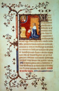 Książę Jan I z Berry (1340-1416) modlił się przed Bogiem, który pobłogosławił go Miniatura z rękopisu (ms. lat. 18014) „Godzinki Jana z Berry”” zin. Jana Czarnego, ok. 1375 r. Paryż, B.N. autorstwa Jean Le and workshop (attr. to) Noir