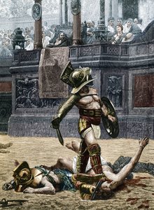 Gladiatorzy na rzymskiej arenie. Widzowie ostrzegają zwycięzcę, aby nie oszczędzał pokonanego przeciwnika i skazał go na śmierć. Grawerowanie według detalu obrazu Jean Leon (Jean-Leon) Gerome (1824-1904)