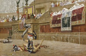 Gladiatorzy na rzymskiej arenie: widzowie pokazują "kciuk w dół", sygnalizując zwycięzcy, by nie oszczędzał przeciwnika. Chromolitografia według obrazu JL Gerome