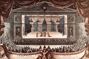 „Le malade imaginaire” (Imaginary Invalid) – Jean Baptiste Poquelin dit Moliere w Wersalu (kolorowy grawerunek)