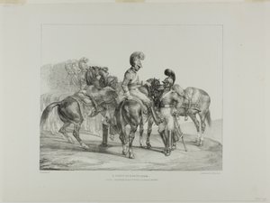 A Party of Life Guards, płyta 5 z Różne tematy narysowane z życia i na kamieniu (The English Suite) autorstwa Jean Louis André Théodore Géricault