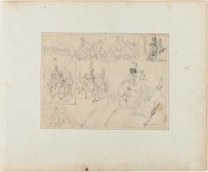 Arkusz szkiców: Bitwy kawaleryjskie i żołnierze konni autorstwa Jean Louis André Théodore Géricault