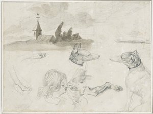 Arkusz szkiców: Greyhoundy; Głowa mężczyzny i kobiety w autorstwa Jean Louis André Théodore Géricault