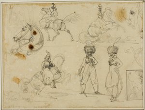 Arkusz szkiców: Żołnierze, konie i krajobraz autorstwa Jean Louis André Théodore Géricault