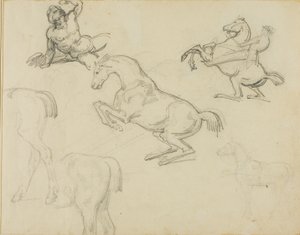 Szkice: Leżący akt, jeździec i różne konie autorstwa Jean Louis André Théodore Géricault