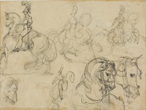 Szkice karabinierów konnych i głowy koni autorstwa Jean Louis André Théodore Géricault